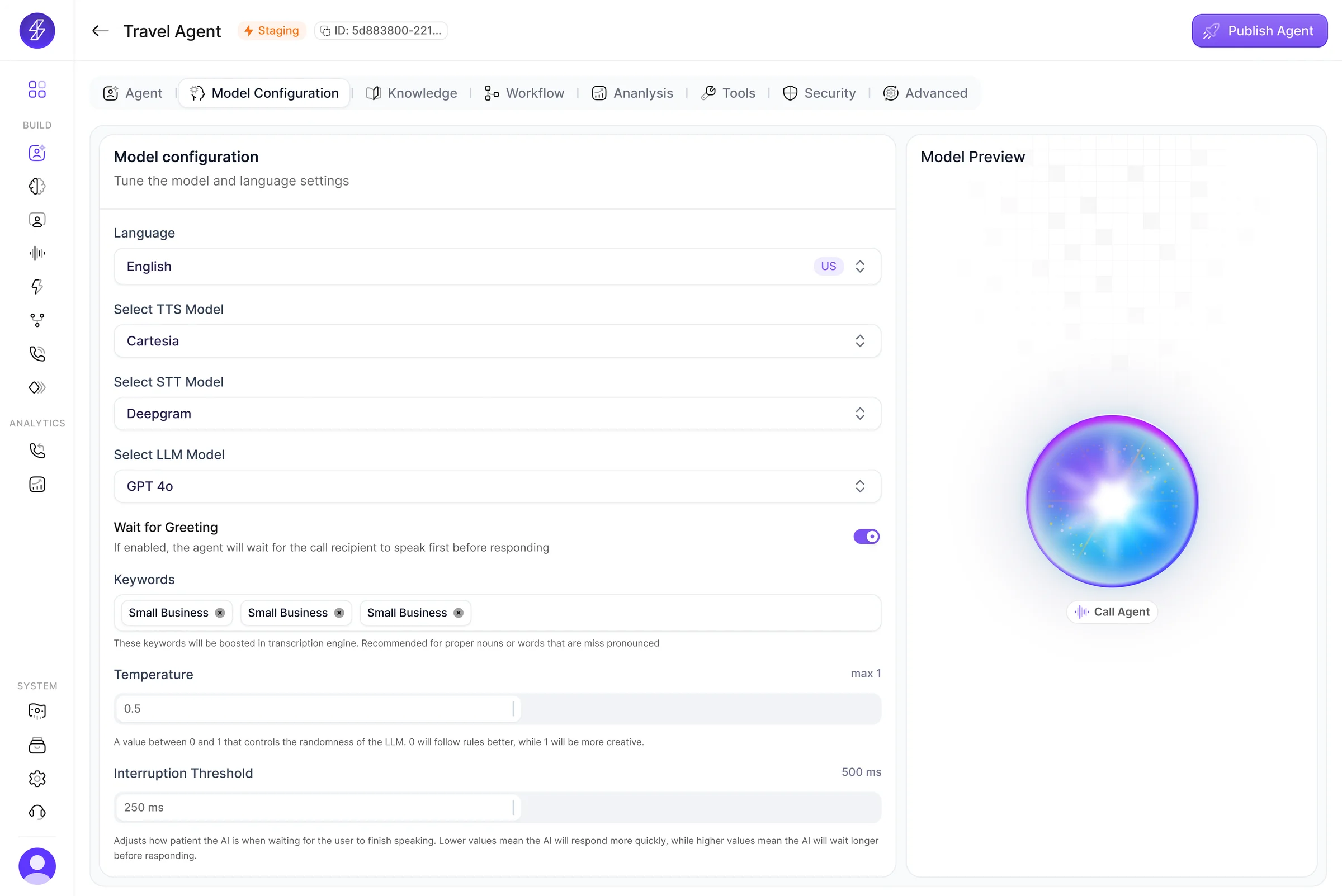 Model configuration panel