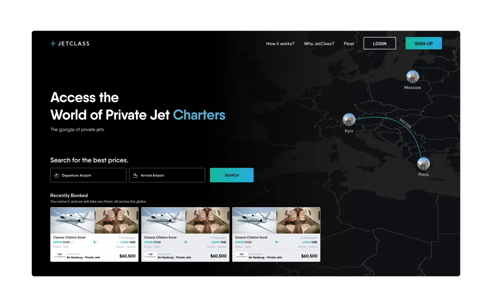 Jet Class private aviation booking platform with flight selection interface