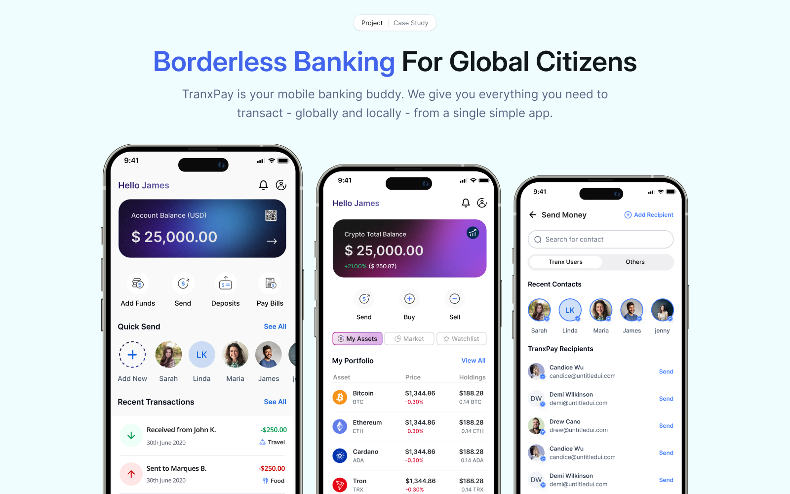 TranxPay mobile banking app with cross-border payment and wallet interfaces